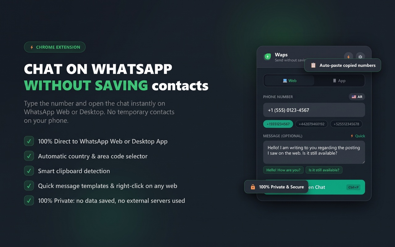 Waps extension popup showing phone input, quick templates, and dark mode interface